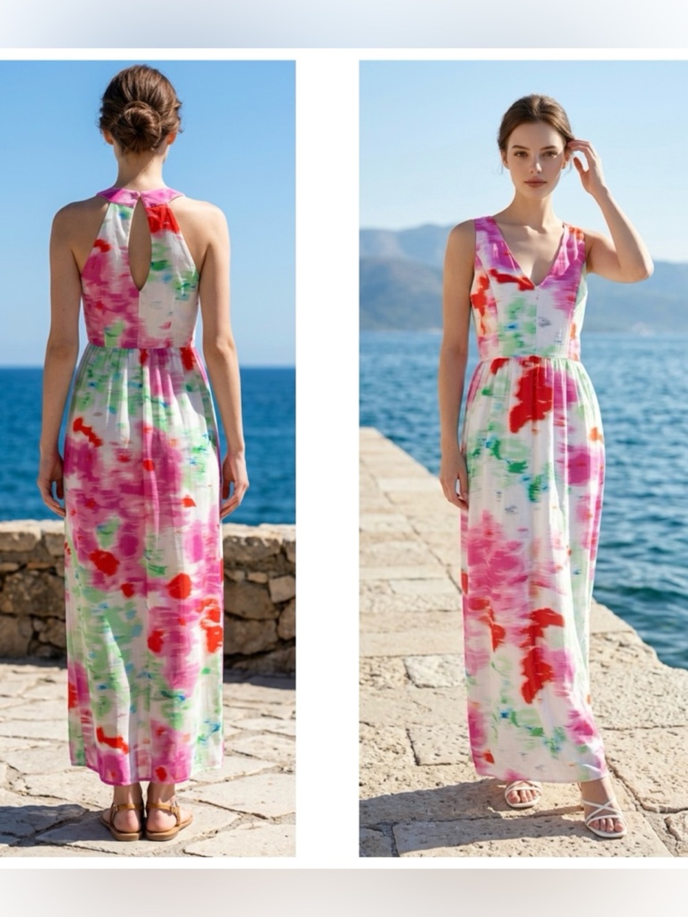 MM Couture Women Sz S  multi Watercolor side slits keyhole back lined Maxi Dress